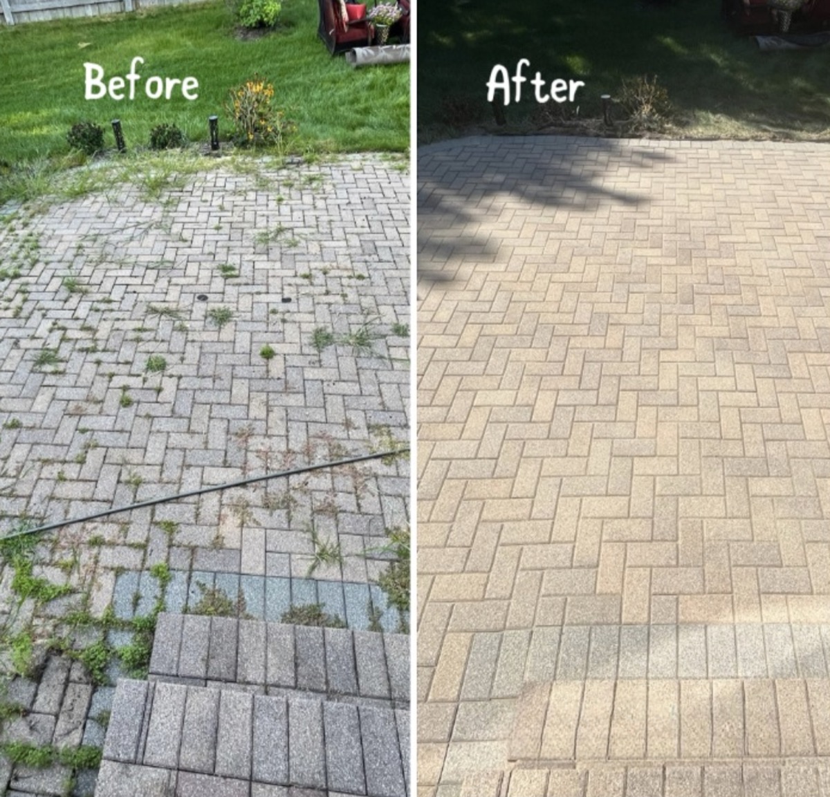 Red brick walkway before and after restoration
