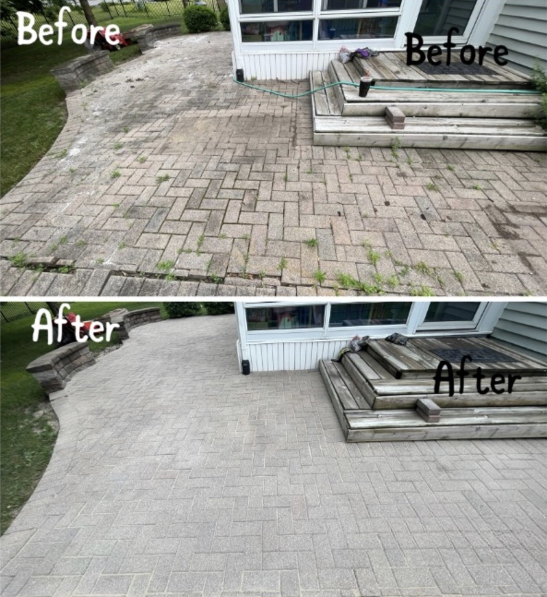Paver patio by house before and after weed removal