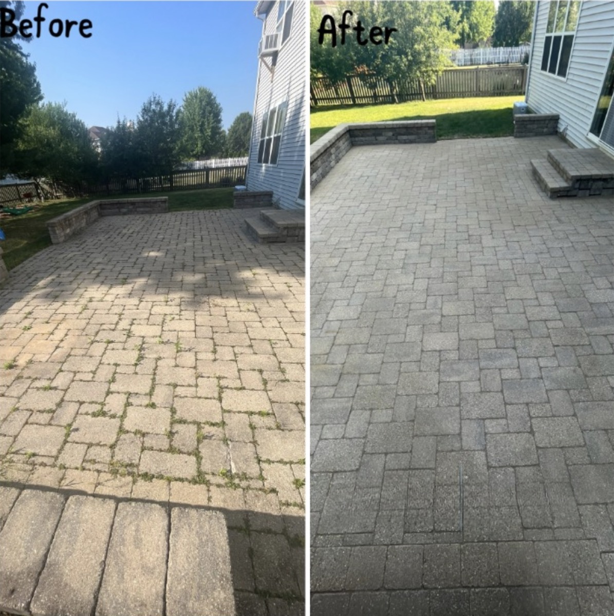 Large backyard paver patio before and after cleaning